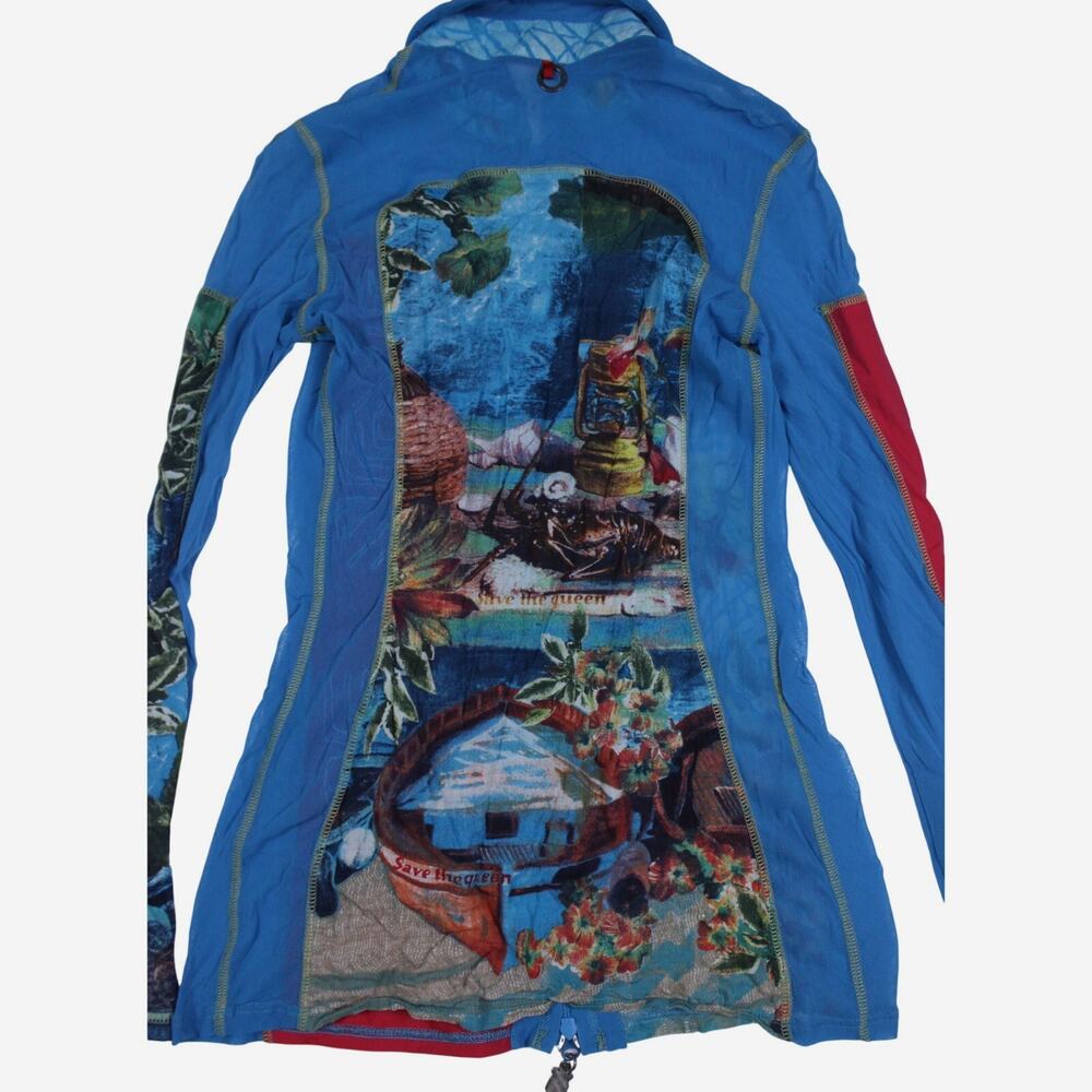 Save the Queen women's blouse mesh nylon blue tropical embroidered art to wear M